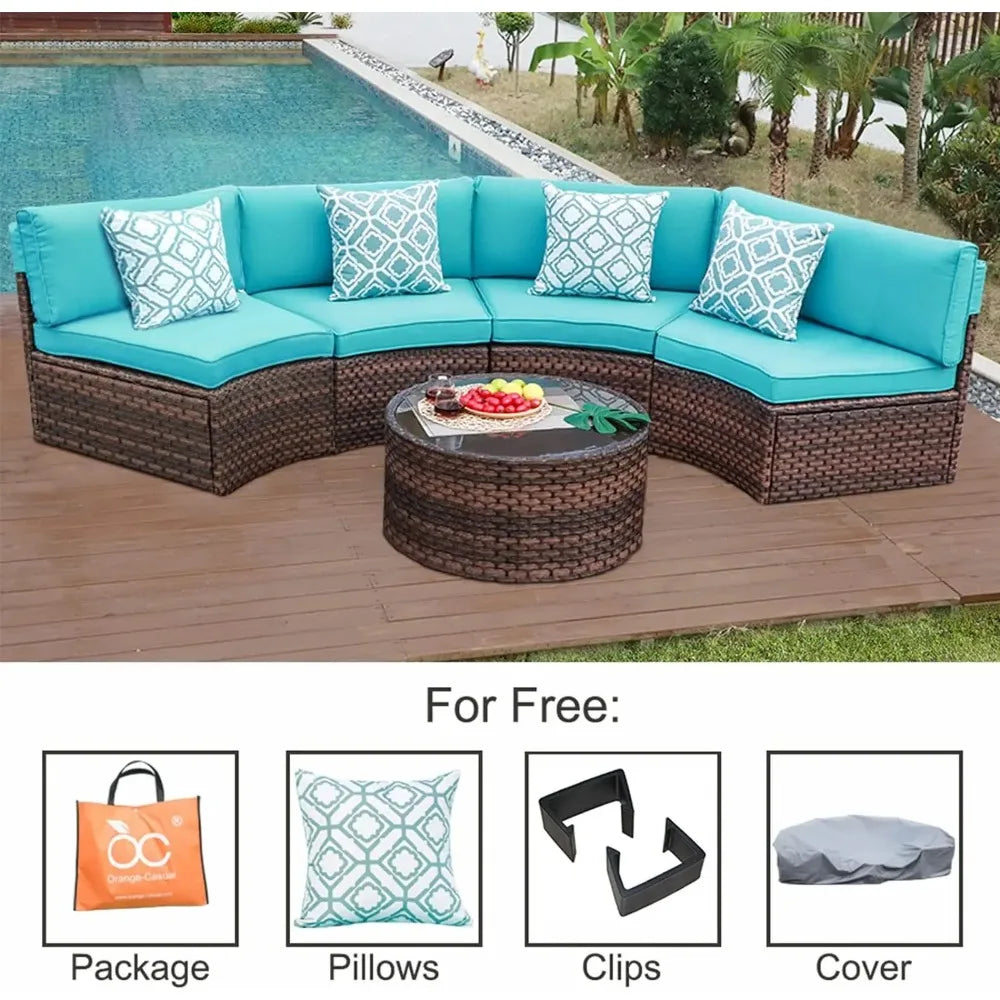 Patio Furniture Set Half Moon Outdoor All Weather Wicker Sofa With Coffee Table Collection