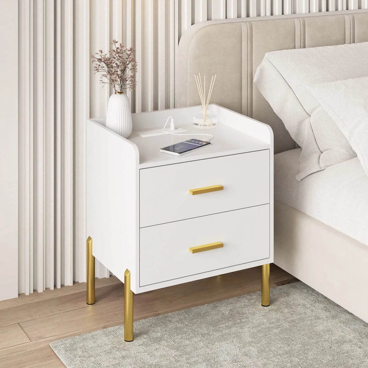 Vabches Nightstand Set Of 2 With Charging Station Drawers
