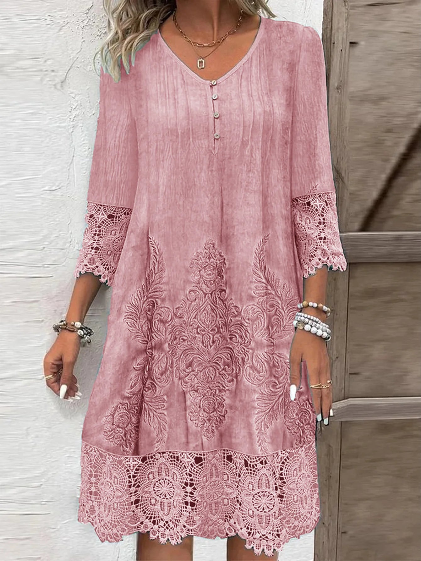 INPETAL Lace Printed Short Sleeve V Neck Dress For Women