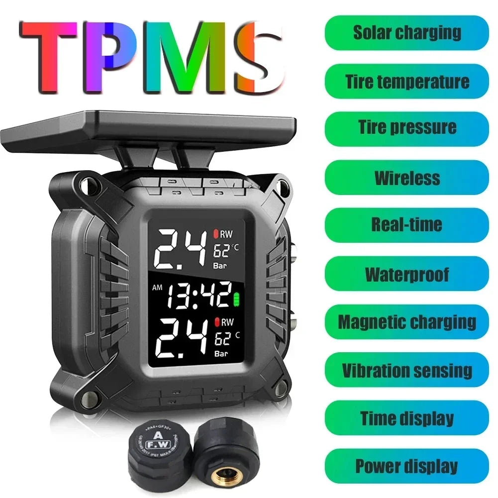 Solar Charging TPMS Motorcycle Tire Pressure Monitoring With Temp Alarm