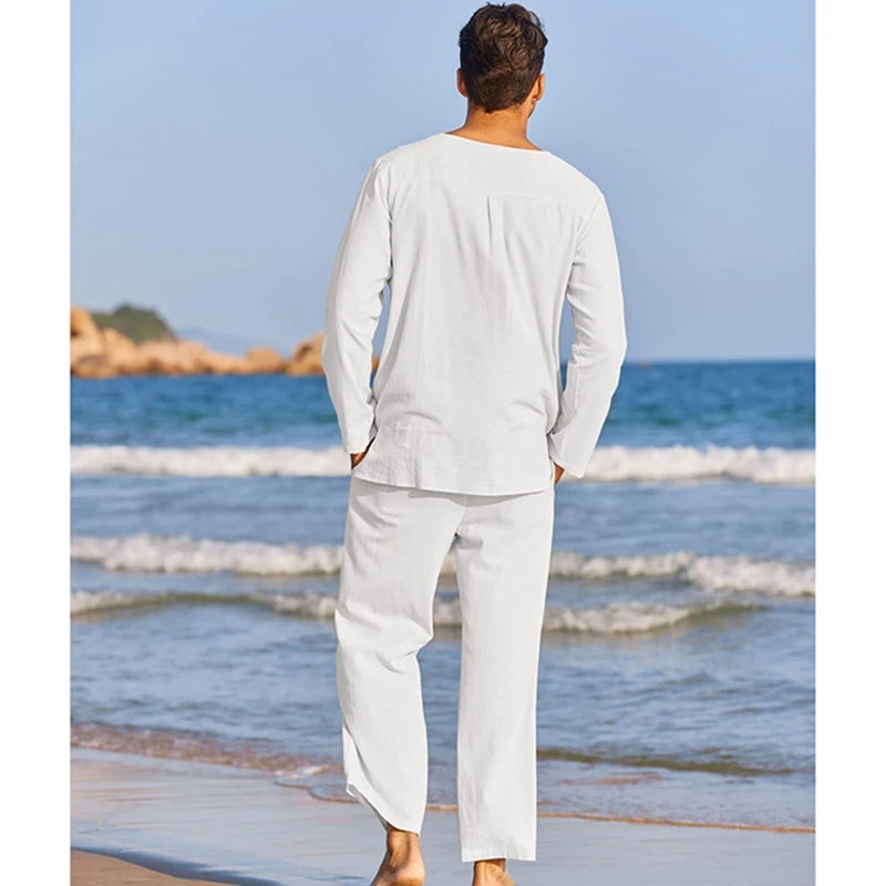 Guangdong Men's Summer Cotton Linen 2 Piece Loungewear Set