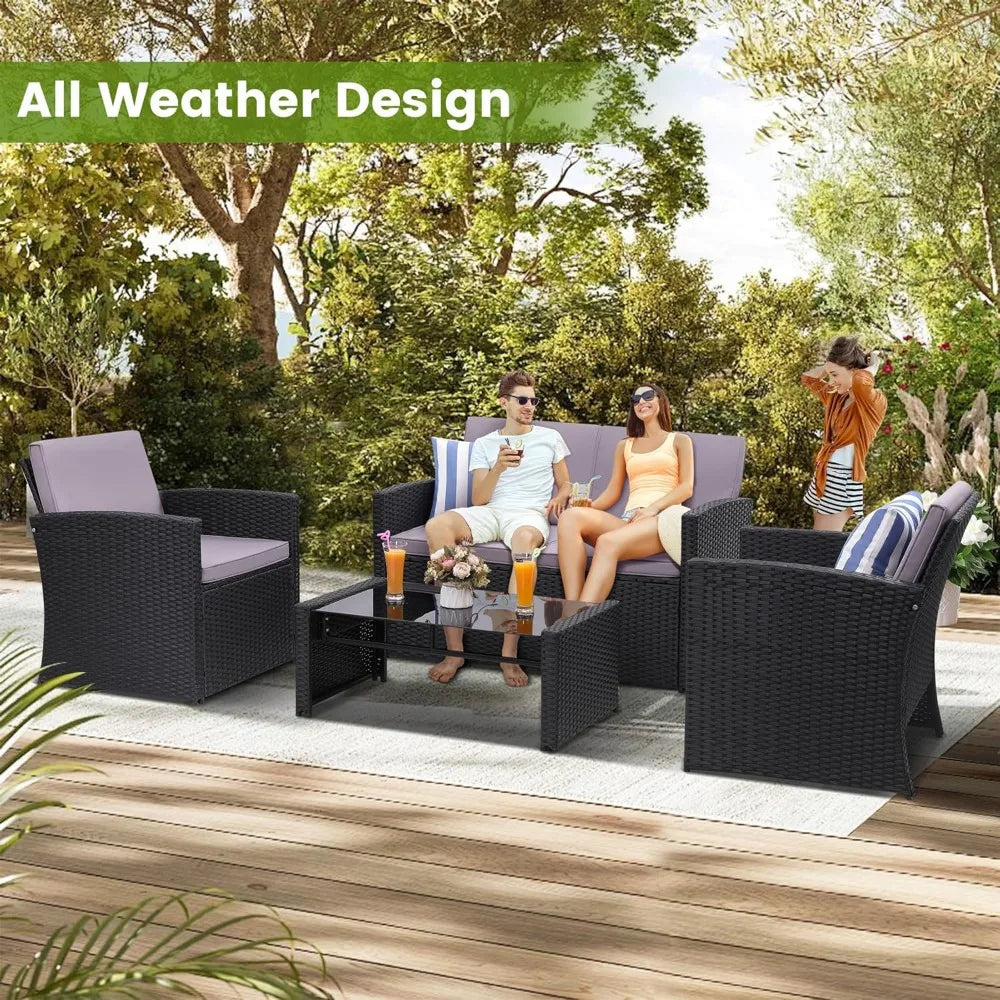 4 Piece Patio Conversation Set with Sofa Two Chairs and Coffee Table for Porch Deck Outdoor Wicker Sectional Furniture