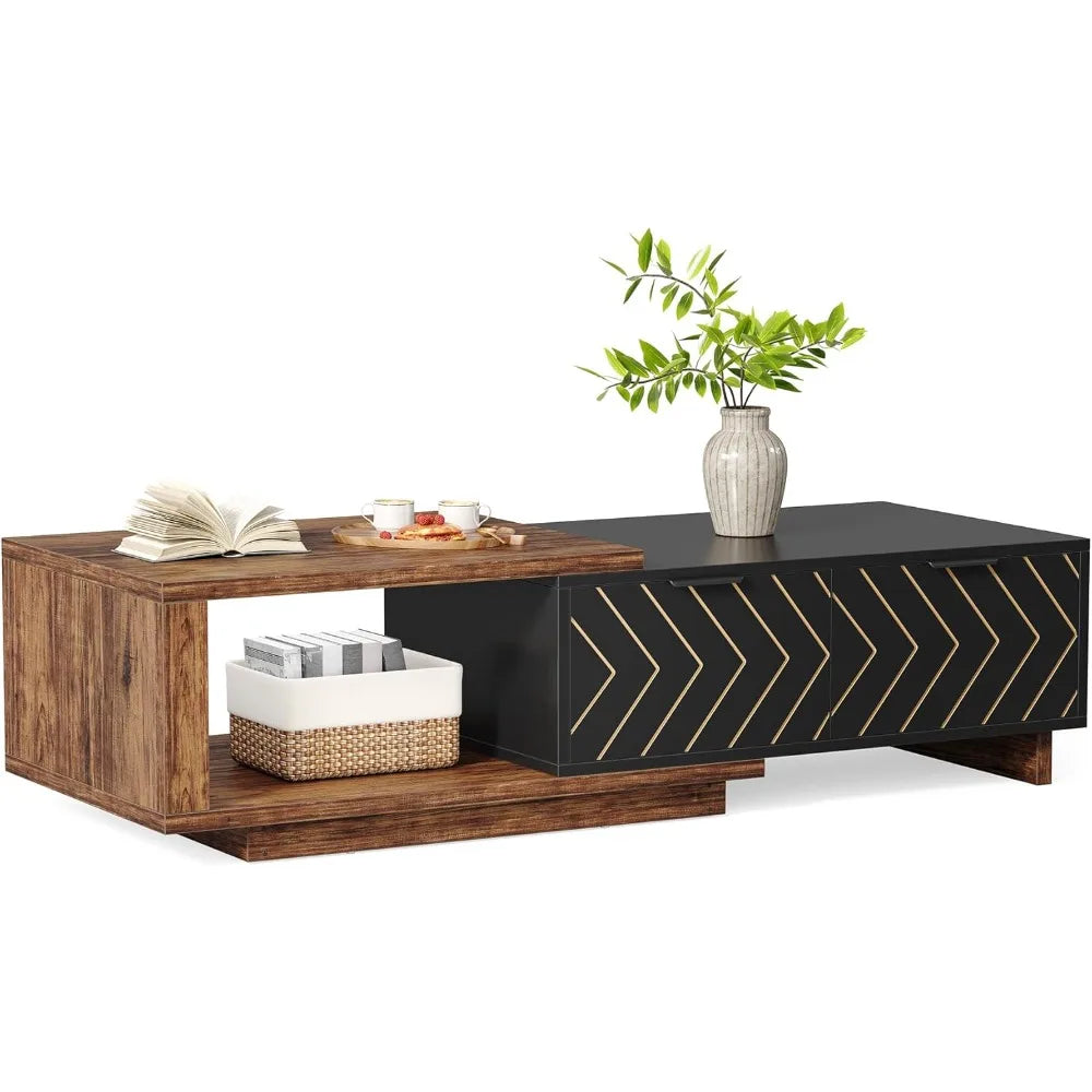 Expandable Premium ExtraDurable Solid Wood Coffee Table WithDualDrawersAndStorage