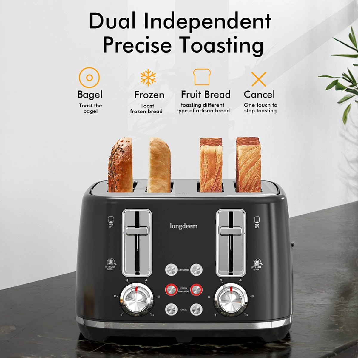 4 Slice Toaster with 1.5 Inch Extra Wide Stainless Steel Slots Dual Controls Removable Crumb Tray and 6 Shade Settings in Black