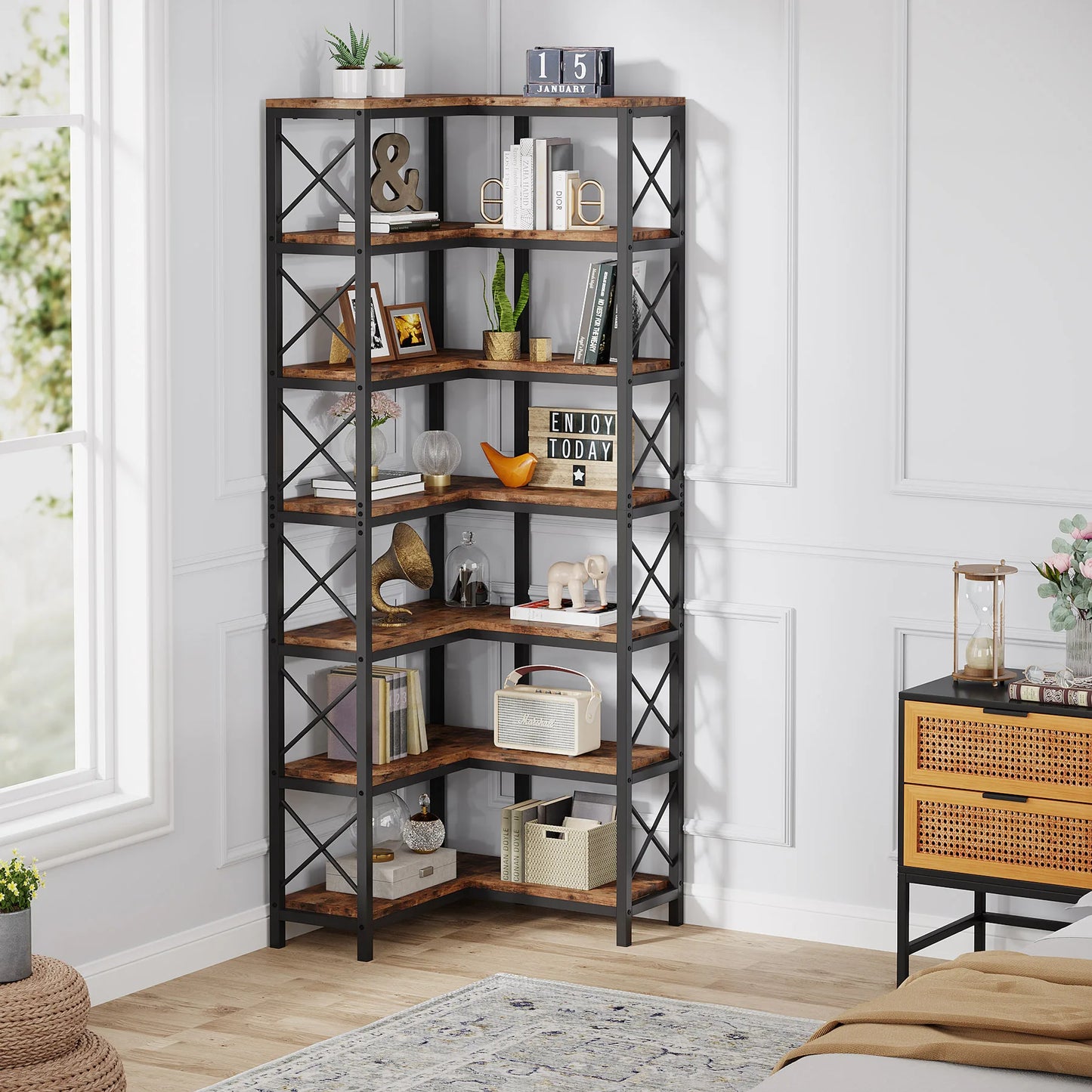 Tribesigns 7 Tier Corner Bookshelf Modern Wood Display Rack