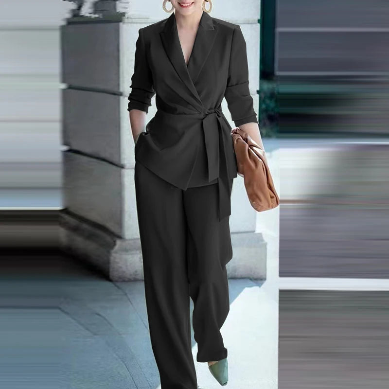 ZANZEA Office Lady Blazer Suit Set For Women Tied Waist Top And Pants 2 Piece Versatile Everyday Office Wear