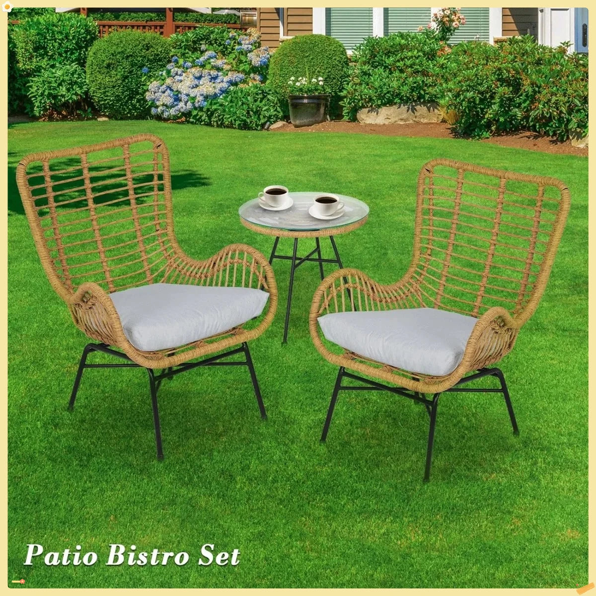 Folded 3 Piece Outdoor Patio Furniture Set Rattan Table And Chairs With Cushions