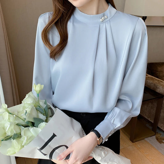 CN Guangdong Satin Blouse Women Long Sleeve Beading Collar