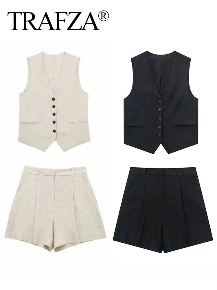 TRAFZA Women Casual Vintage Pant Suit Vest Shorts Set