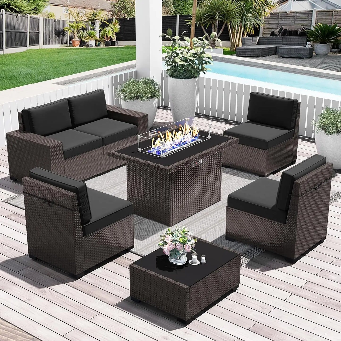 Outdoor Wicker Rattan Conversation Set With Fire Pit Table 15 Piece Patio Furniture Set