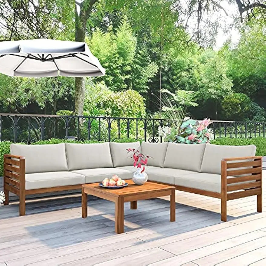 Outdoor Sectional Sofa Set with Coffee Table Removable Patio Sectional Seating Group L Shape Corner Sofa Set Natural Wood Beige