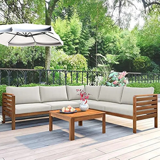 Outdoor Sectional Sofa Set with Coffee Table Removable Patio Sectional Seating Group L Shape Corner Sofa Set Natural Wood Beige
