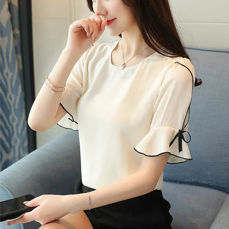 Magesuek Chiffon Women Blouse Short Sleeve Bow Elegant