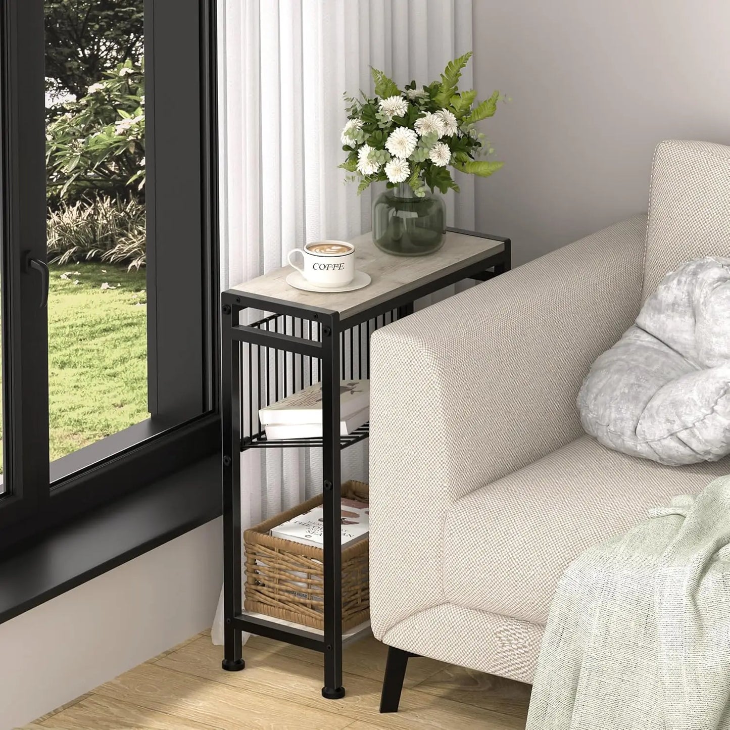 Small Side Table for Small Space 3 Tier Narrow End Table with Magazine Holder Slim Nightstand and Couch Table