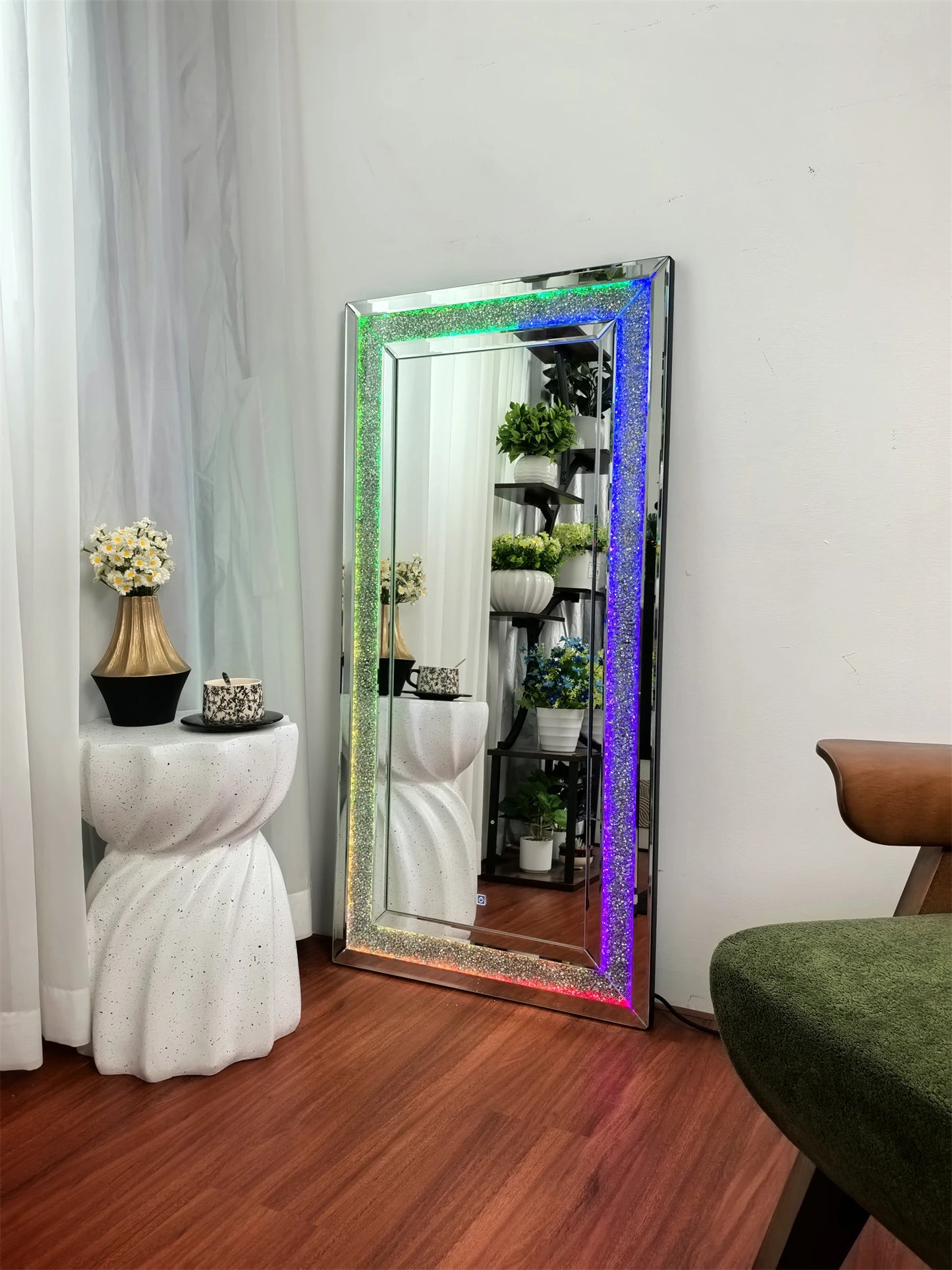120x60cm LED Full Length Mirror with 7 Colors RGB Lights and Crushed Diamond Design for Living Room and Bedroom