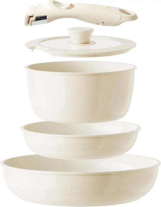 Ceramic Nonstick Cookware Set with Detachable Handle 5 Pieces
