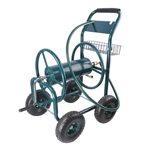 Portable Garden Hose Reel Cart with Storage Basket and Wheels