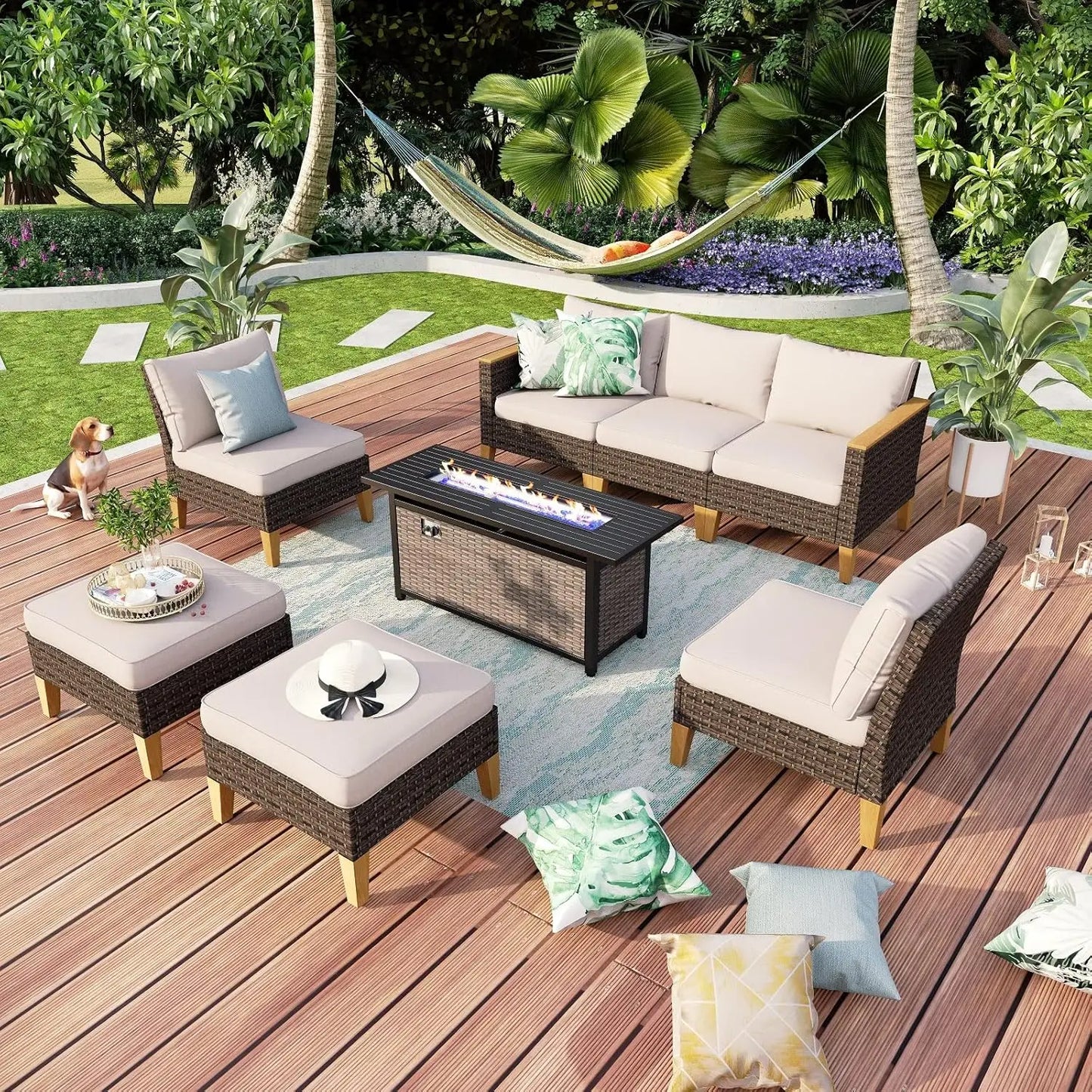 9 Piece Wicker Patio Furniture Set with 56 Inch Fire Pit Table All Weather PE Rattan Patio Sectional Sofa Conversation Set