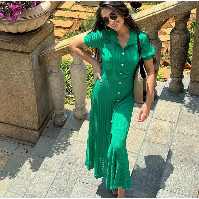 EBSTLCN Elegant Knitted Dress Women O Neck Short Sleeve
