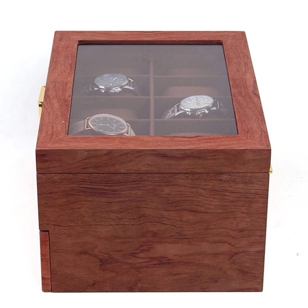 Elegant 2-Tier Wooden Watch Box with Glass Cover and Compartments