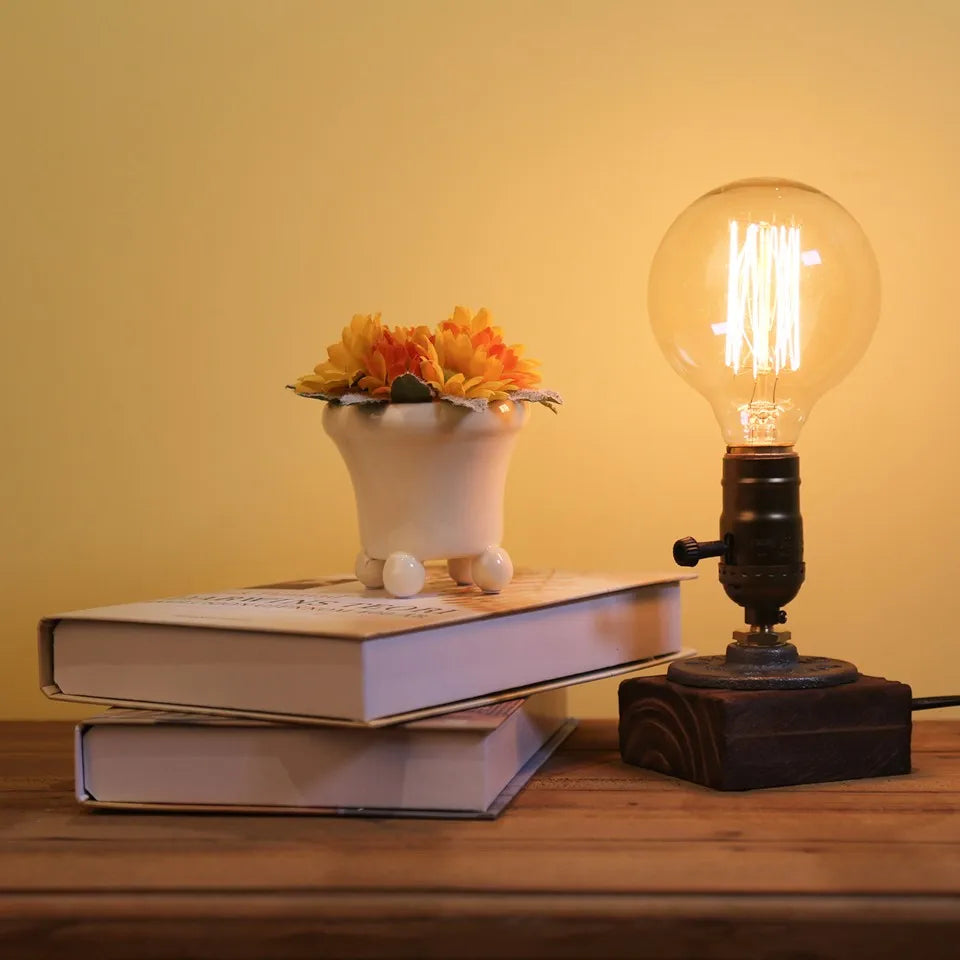 Industrial LED Table Lamp Retro Wood Night Light Decor
