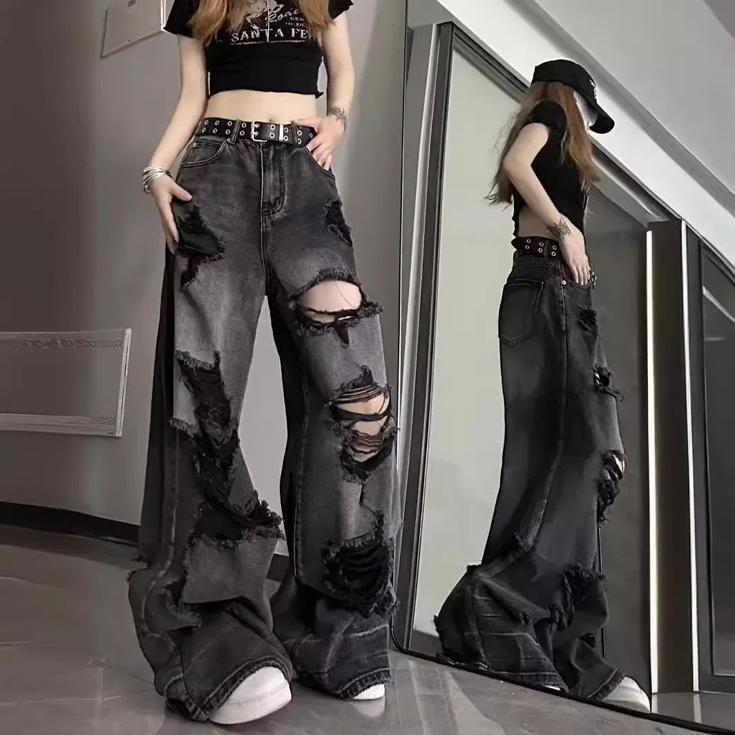 Unique Distressed Loose Fit Bell Bottom Jeans for Women