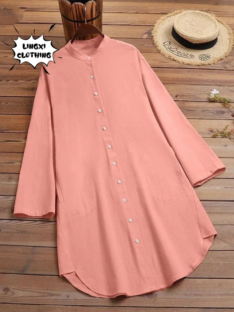 GPBDCN Cotton Linen Womens Shirt Single Breasted Round Neck