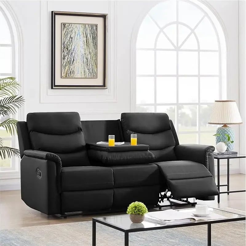 Comfy Scandinavian Leather Sofa Set with Recliners and Cup Holders