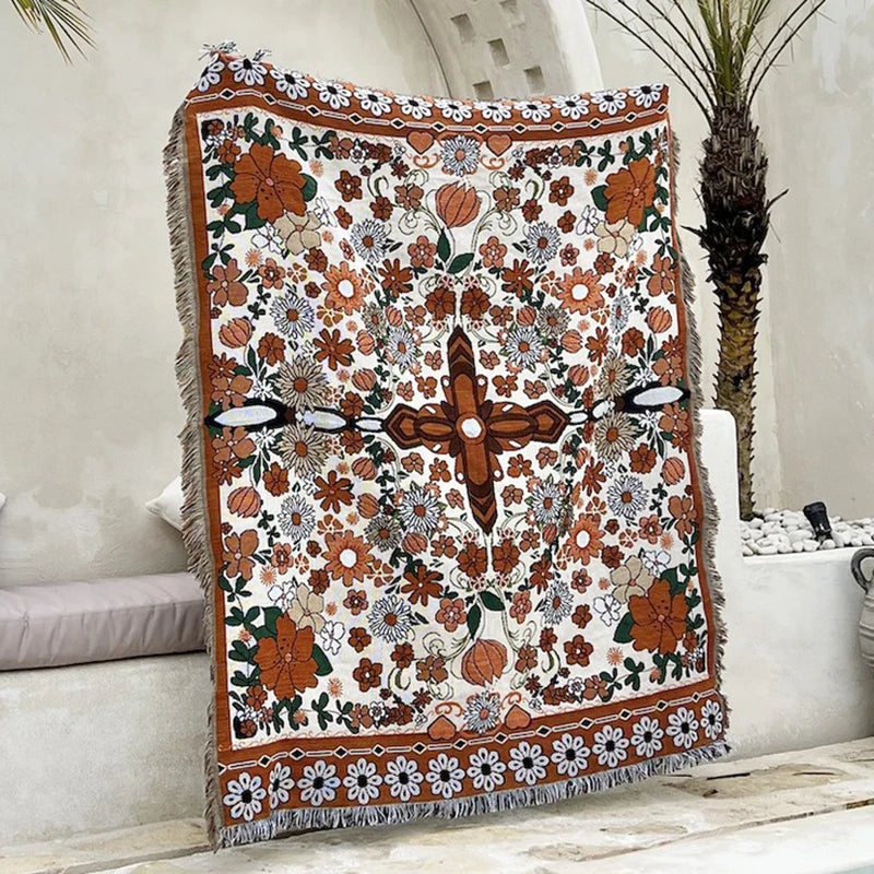 Europe Style Sofa Throw Blanket Cotton Knitted Blanket with Tassel Floral Bohemian Design Sofa Cover Bed Blanket Camping Rug