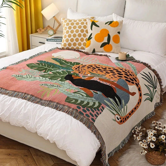 Women Leopard Throw Blanket Multifunctional Beach Sofa Cover Tassel Dust Cover Air Conditioning Blanket for Bed