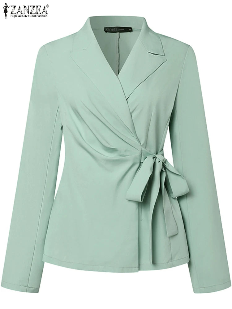 ZANZEA Office Lady Blazer Suit Set For Women Tied Waist Top And Pants 2 Piece Versatile Everyday Office Wear