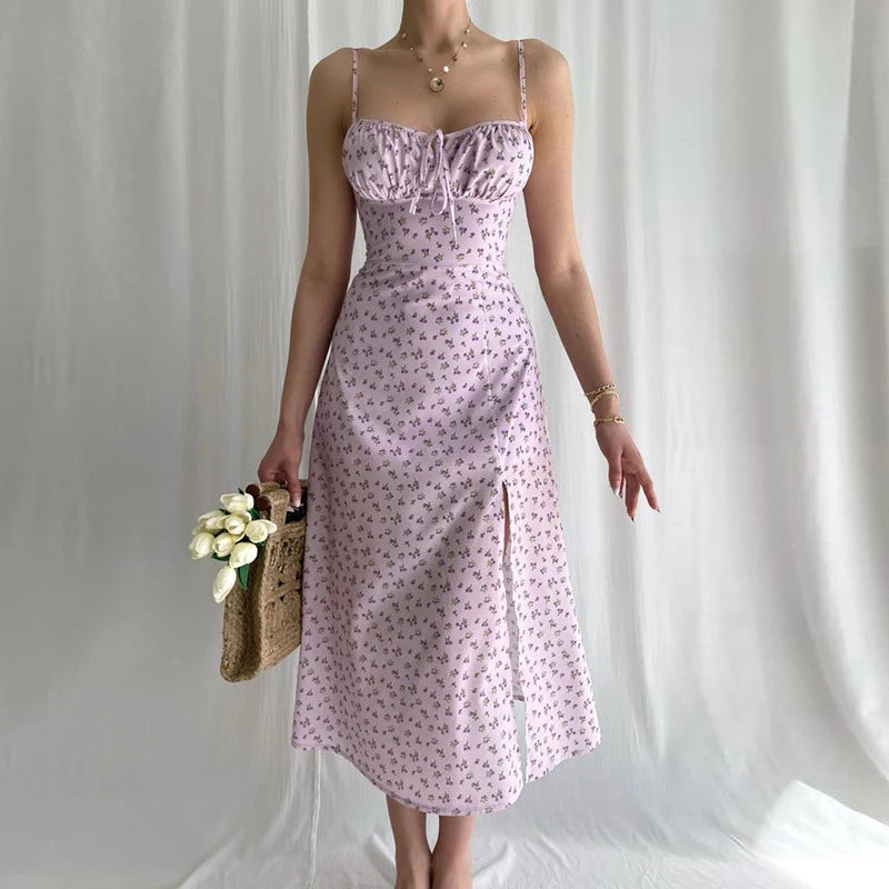 Elegant Floral Summer Suspender Dress with Side Slit