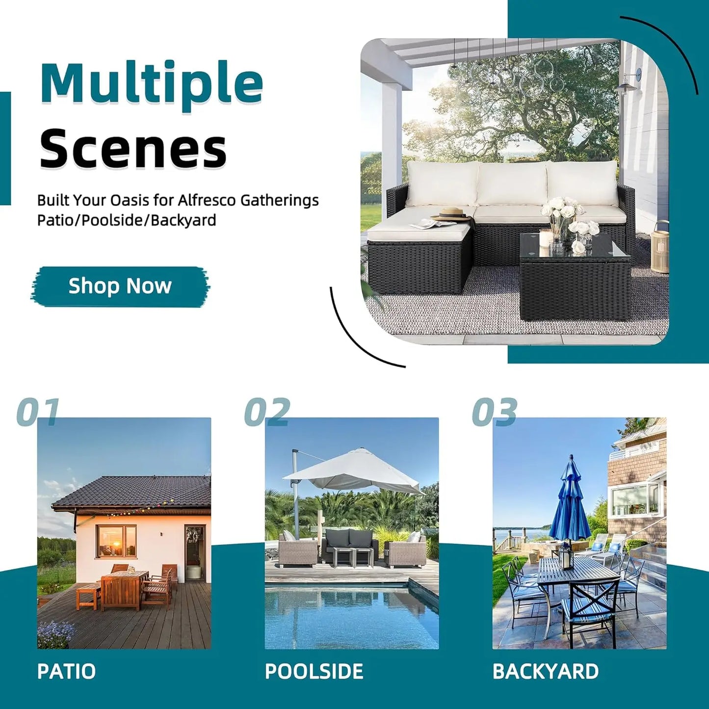 All Weather Outdoor PE Rattan Patio Conversation Sofa Set 3 Piece with Glass Coffee Table Garden Furniture Sets