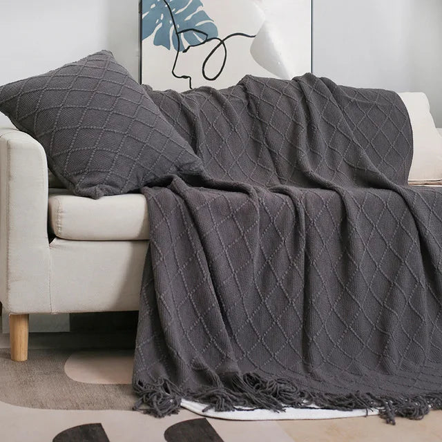 Nordic Knitted TV Blanket with Tassels Soft Fleece Throw Shawl for Sofa and Bed End Decor
