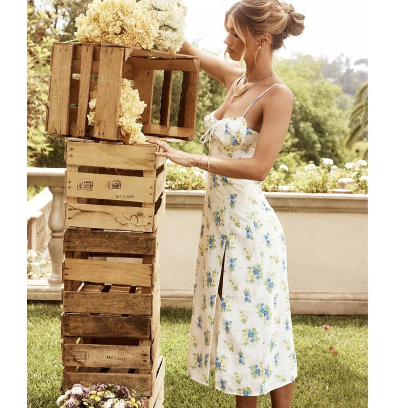 Elegant Floral Summer Suspender Dress with Side Slit