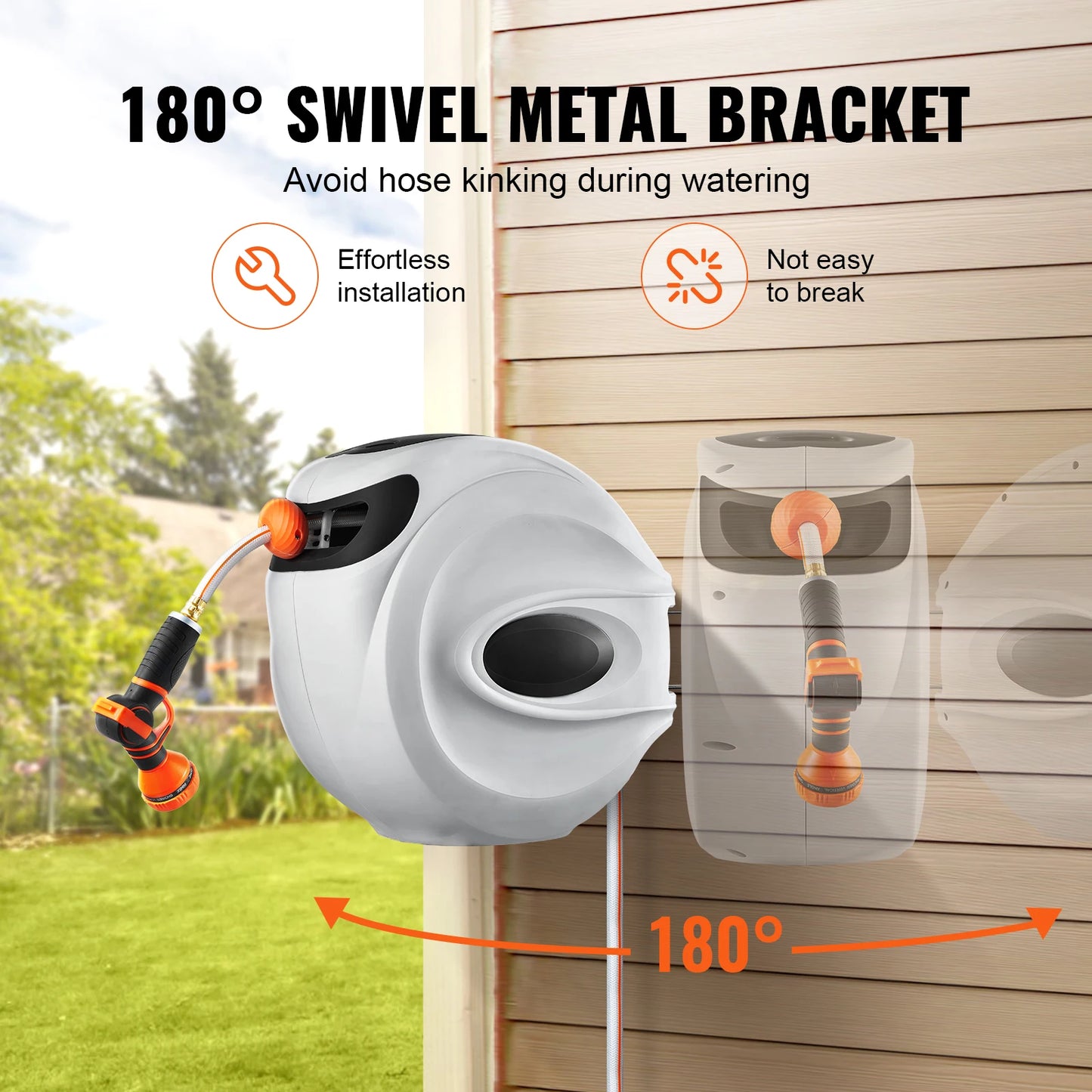 SucceBuy Retractable Hose Reel 180 Degree Swivel Bracket Wall Mounted Garden Water Hose Reel with 9 Pattern Nozzle Automatic Rewind