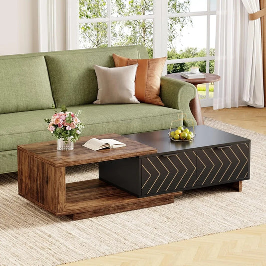 Expandable Premium ExtraDurable Solid Wood Coffee Table WithDualDrawersAndStorage