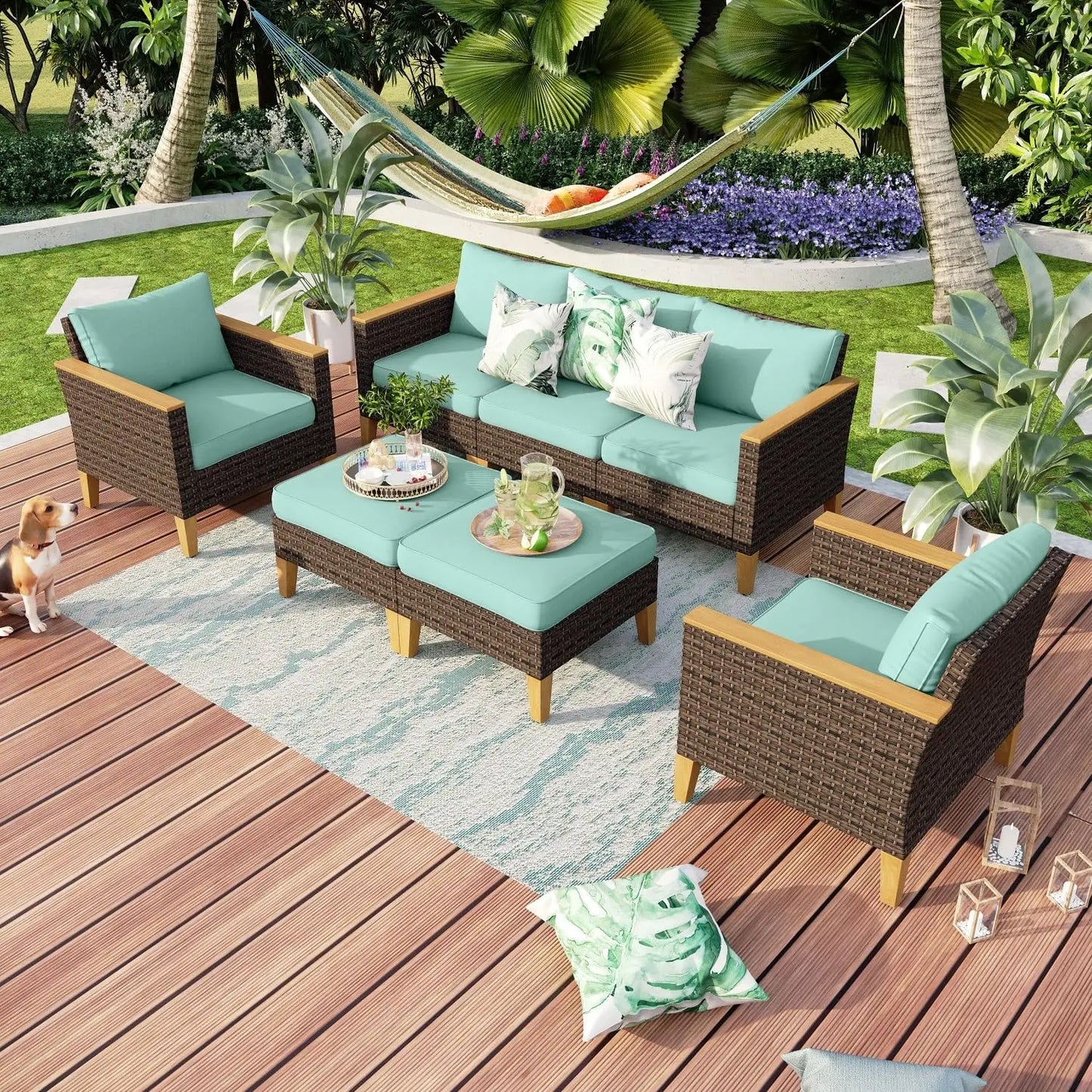 9 Piece Wicker Patio Furniture Set with 56 Inch Fire Pit Table All Weather PE Rattan Patio Sectional Sofa Conversation Set
