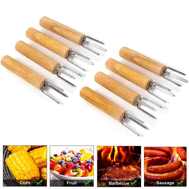 Stainless Steel Corn Holders with Wooden Handle for BBQ Cooking