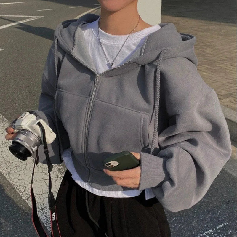 Linglsix Hooded Zip Up Hoodie Women Harajuku Streetwear