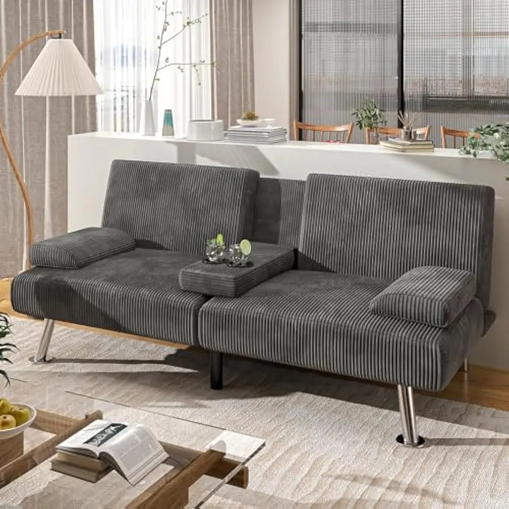 Convertible Sofa Bed with Removable Armrests and Cup Holders