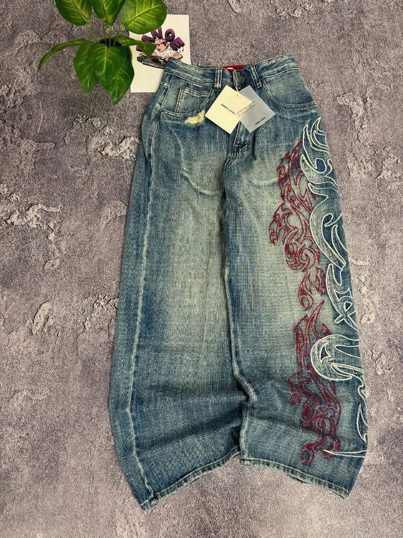 Streetwear Embroidered Baggy Jeans Women High Waist Wide Leg