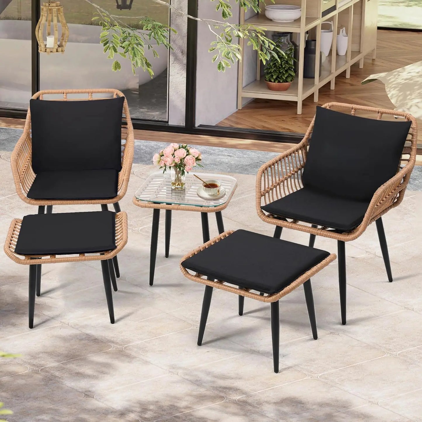 5 Piece Wicker Bistro Patio Conversation Furniture Set with 2 Chairs 2 Ottomans and Side Table for Porch and Balcony