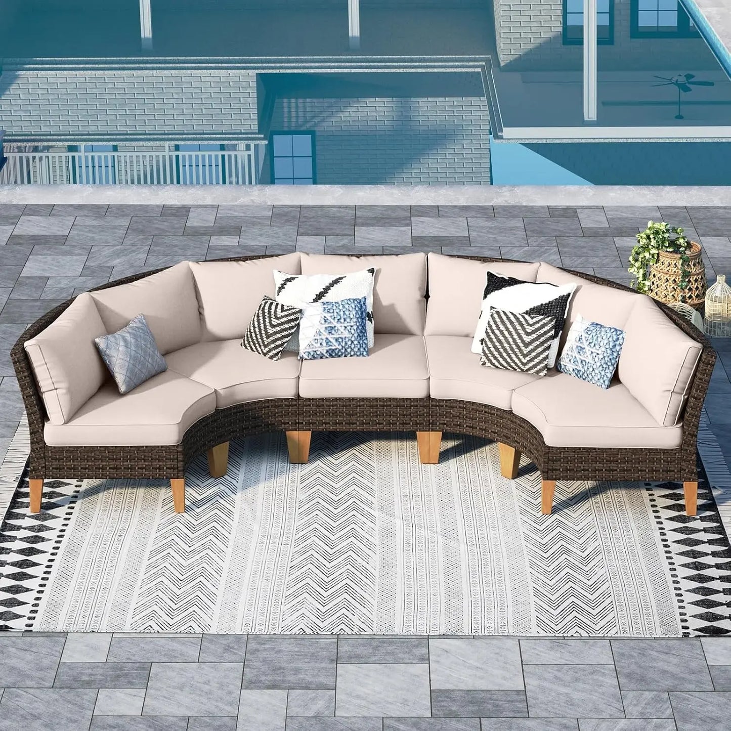 12 Piece Curved Outdoor Sectional Sofa Set Rattan Patio Conversation Set Beige