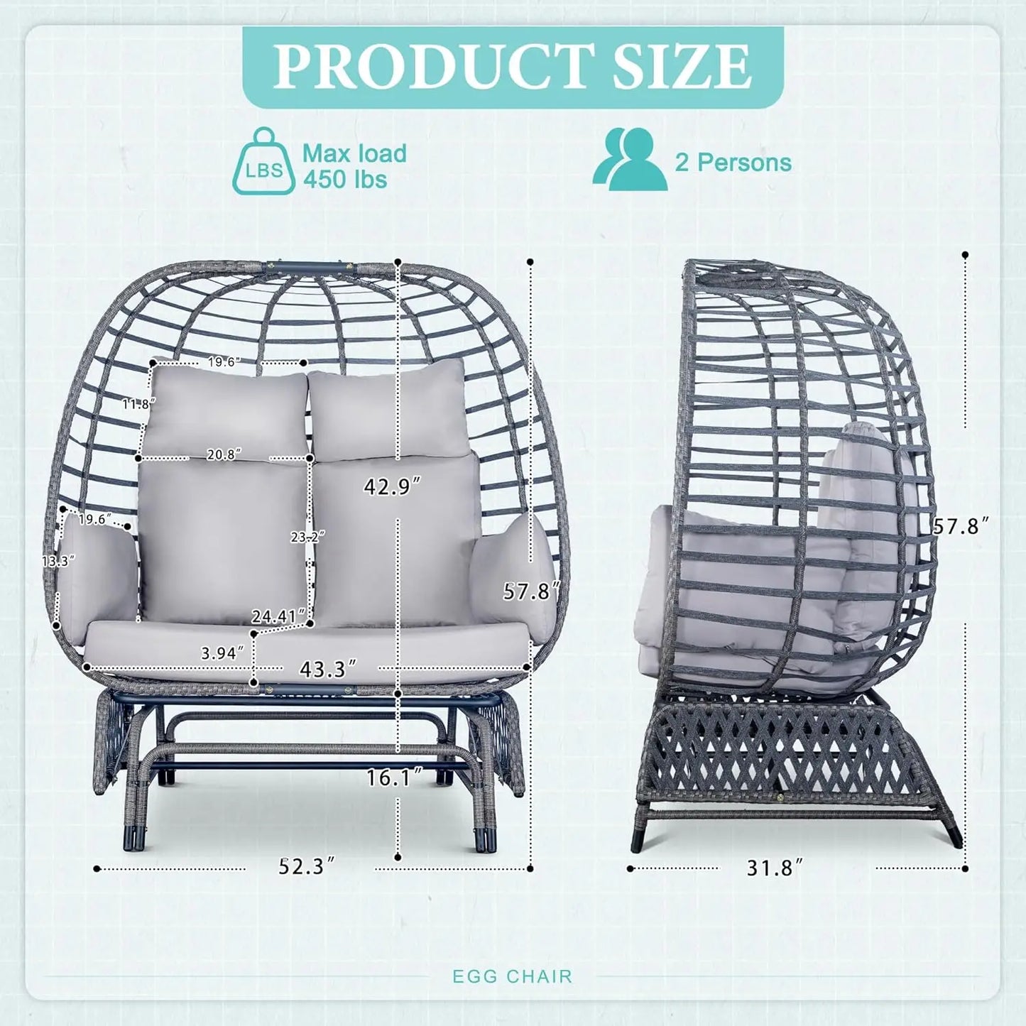 Outdoor Double Egg Chair Patio Chairs for Two People 500lbs Capacity Oversized Wicker Rocking Glider Chair with Steel Stand