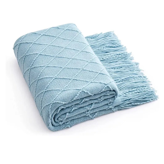 Nordic Textured Knitted Blanket Blue Throw Blanket with Tassels for Sofa and Bed Decor