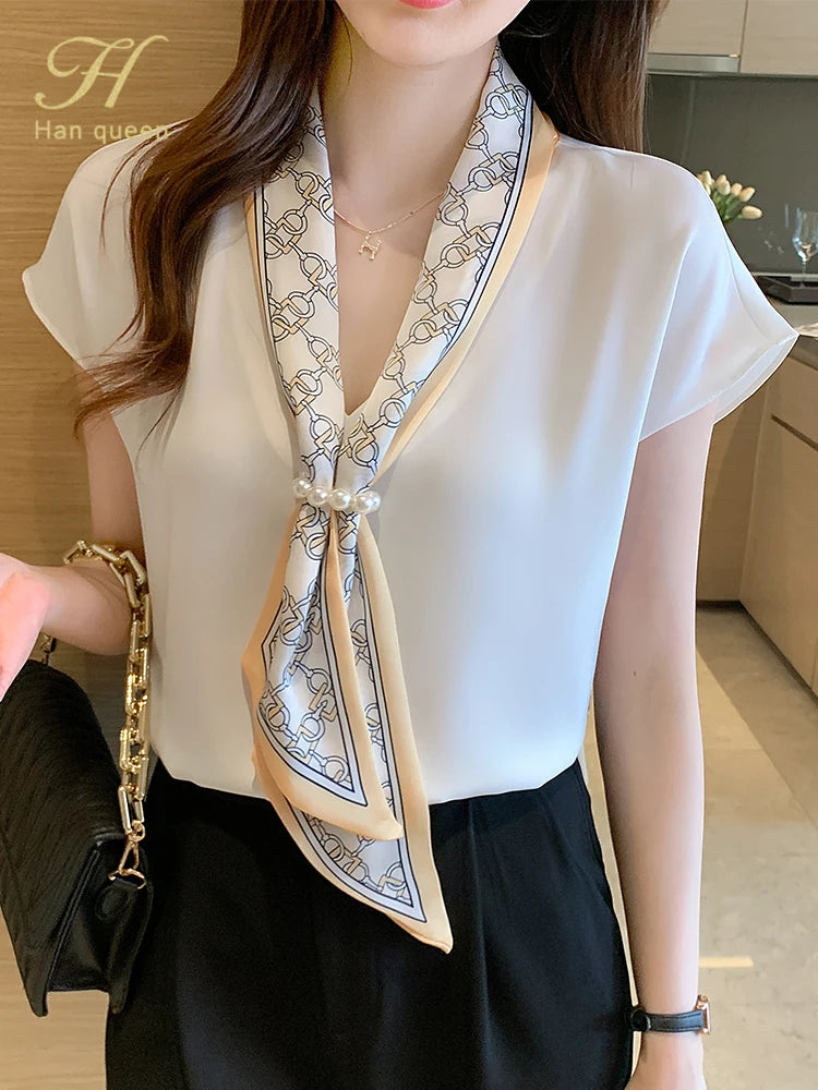 H Han Queen Chiffon V Neck Office Blouse Women