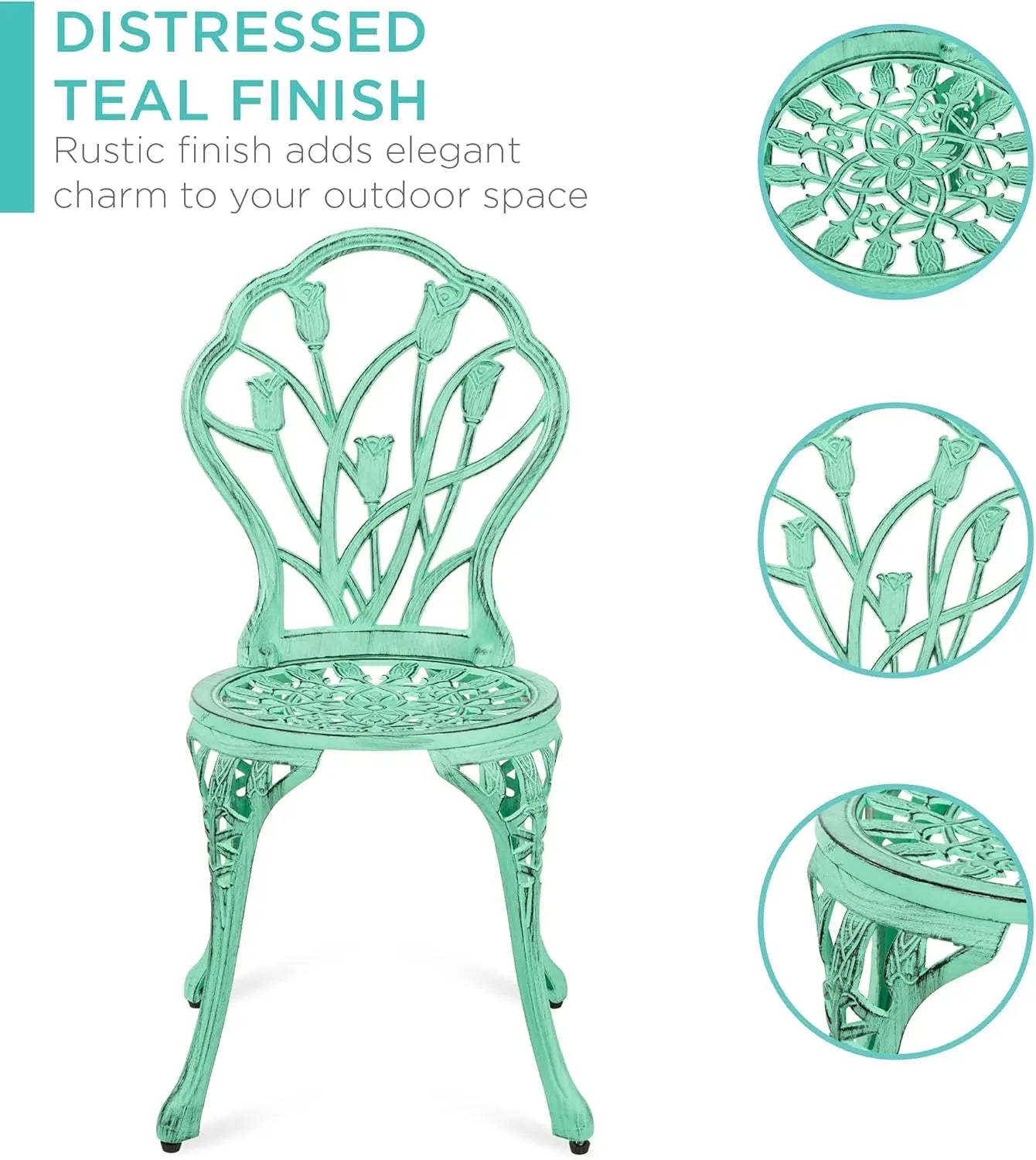 3 Piece Outdoor Rust Resistant Cast Aluminum Patio Bistro Set with Tulip Design Teal