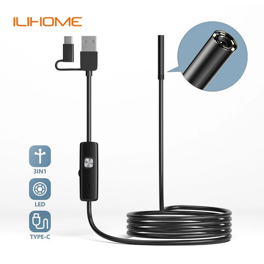 5.5MM 7MM Android Endoscope 3IN1 Type C Micro USB Mini Camera Pipe Inspection Borescope 6 LEDs Waterproof for Smartphone PC