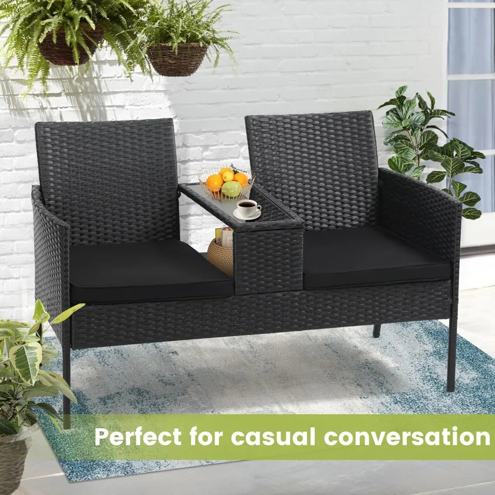 2 Seat Patio Conversation Set Outdoor Rattan Loveseat with Table Washable Cushion Covers Garden Furniture Sets